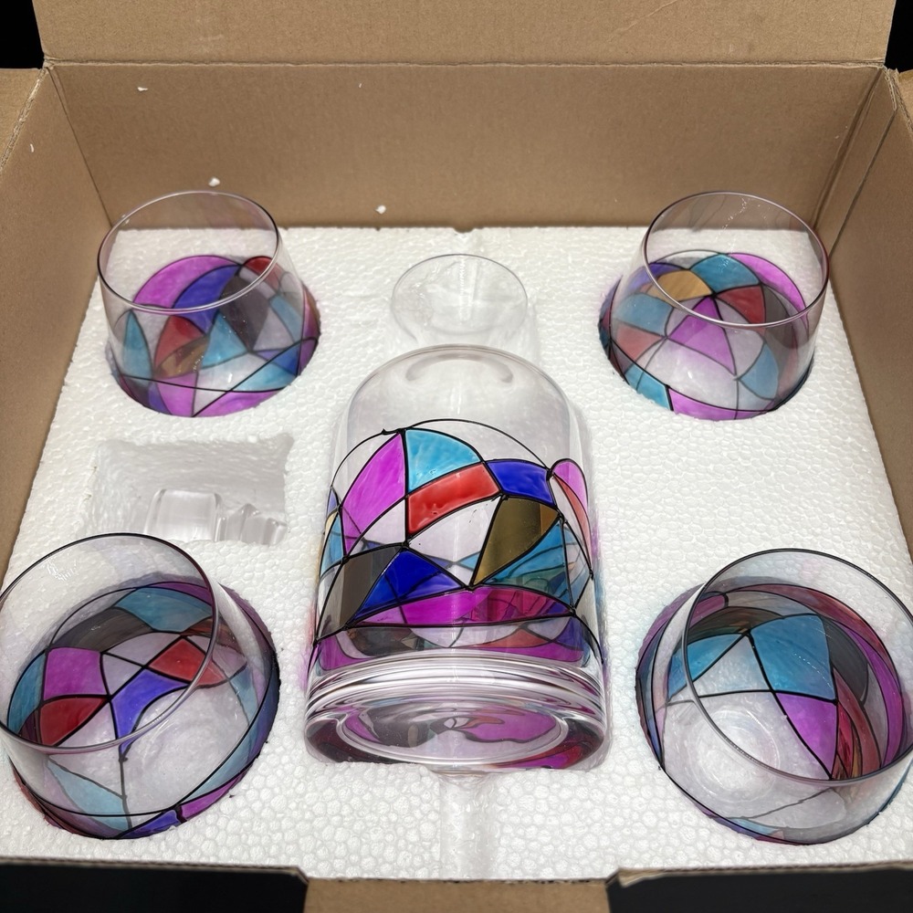 The Wine Savant Barcelona Decanter & 4 Glasses Set Painted Glass Glassware NIB